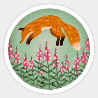 Red fox jumping in a field of fireweed flowers Sticker